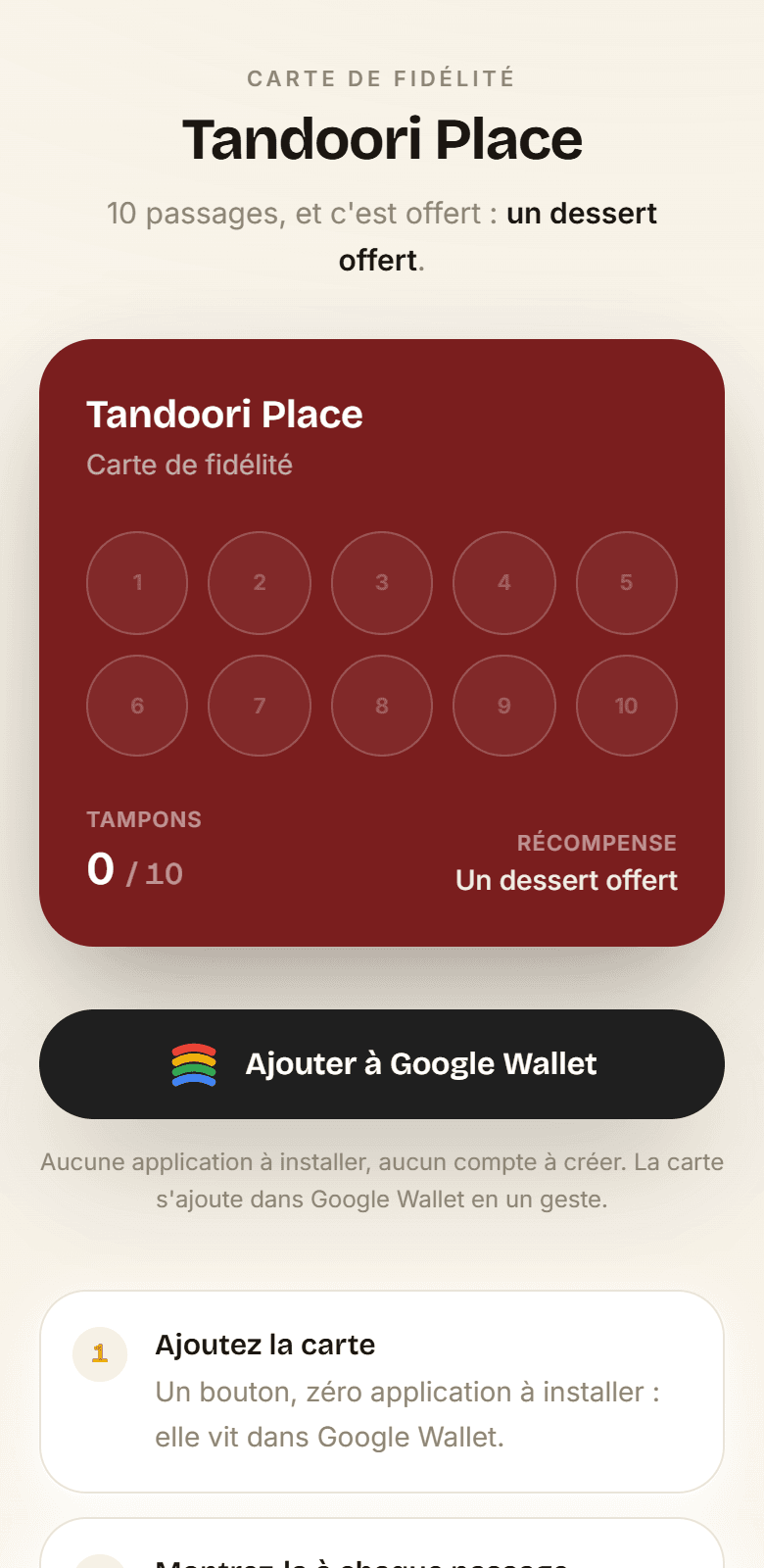 La page d’inscription vue par le client : la carte Tandoori Place, 10 tampons pour un dessert offert, et le bouton Ajouter à Google Wallet